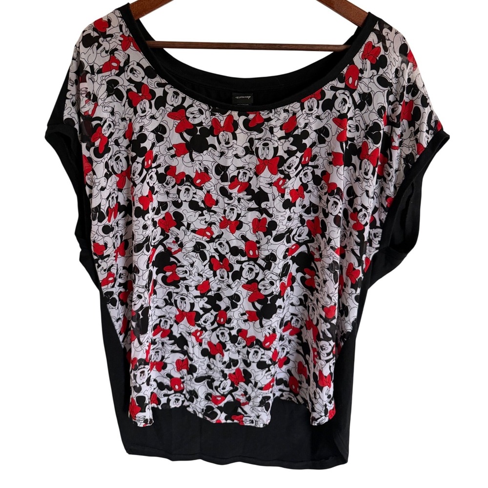 Disney Minnie Mouse Print Top Small Red Black Bow Graphic Dolman Sleeve Cute Tee